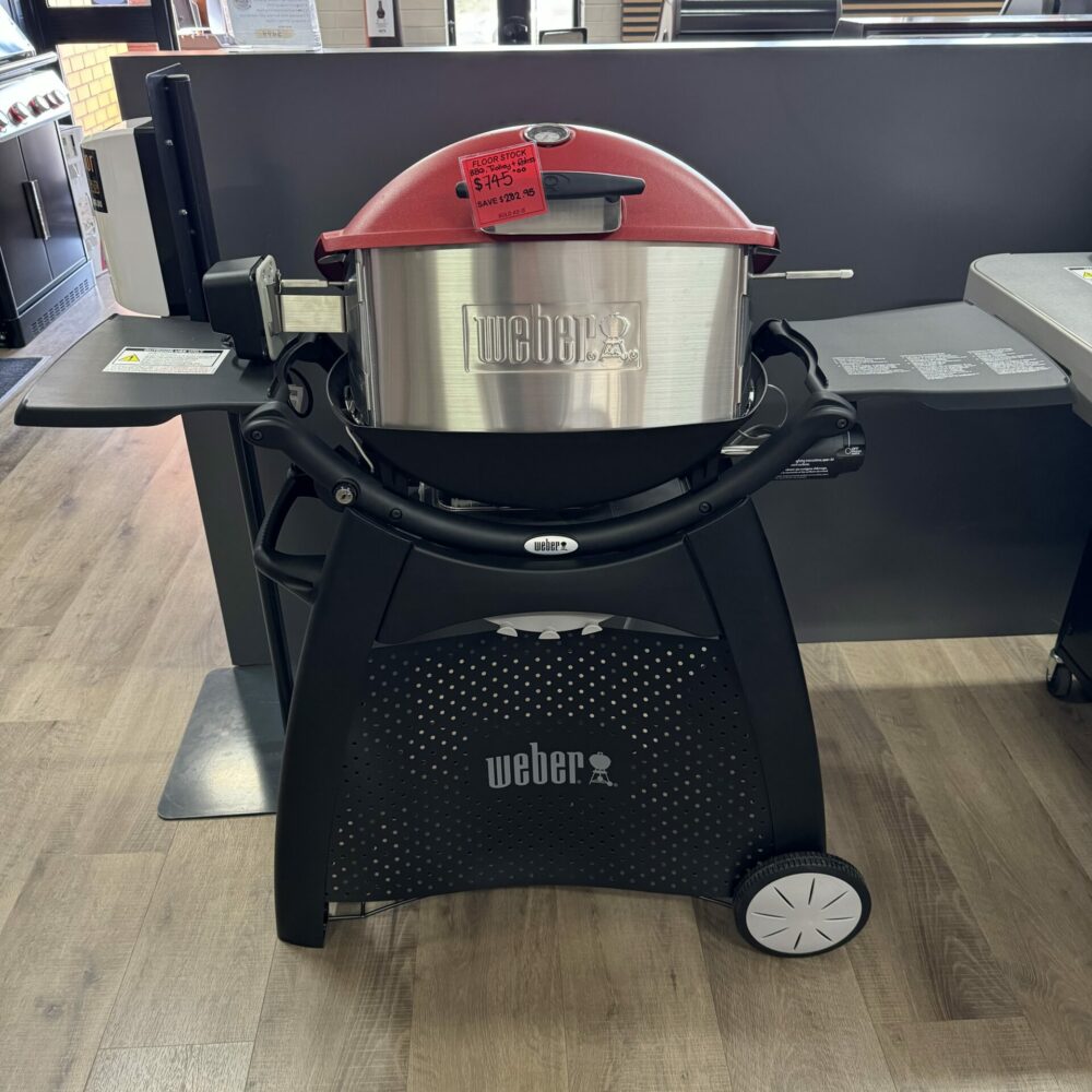 Weber Q Premium 2200 - Red on Patio Cart and Rotisserie Kit - Ex-Display/Floor Stock