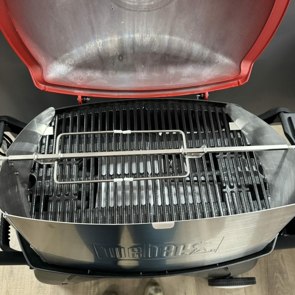 Weber Q Premium 2200 - Red on Patio Cart and Rotisserie Kit - Ex-Display/Floor Stock