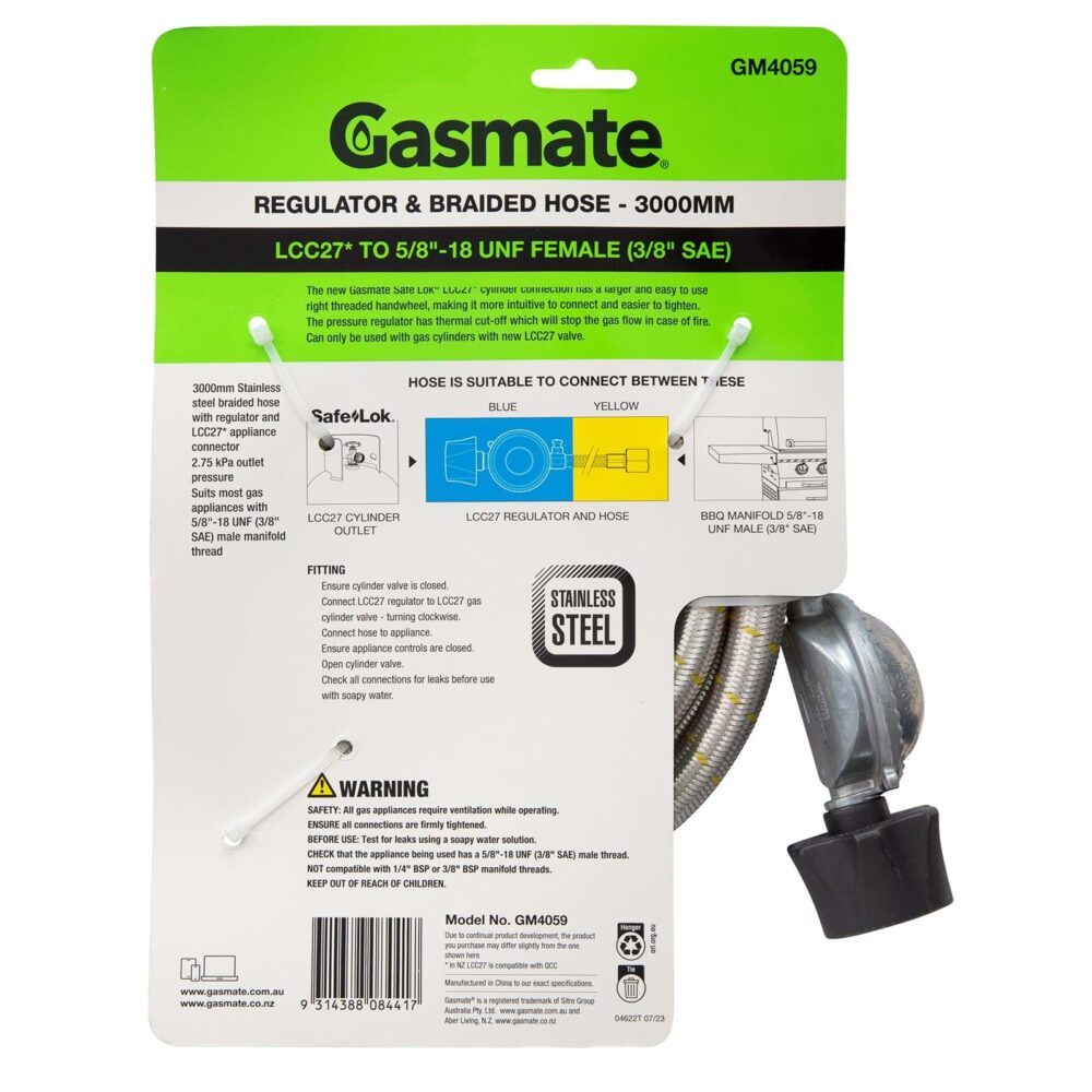 Gasmate Braided Hose & Regulator LCC27 to 3/8SAE female(5/8UNF) - 3m - Image 2